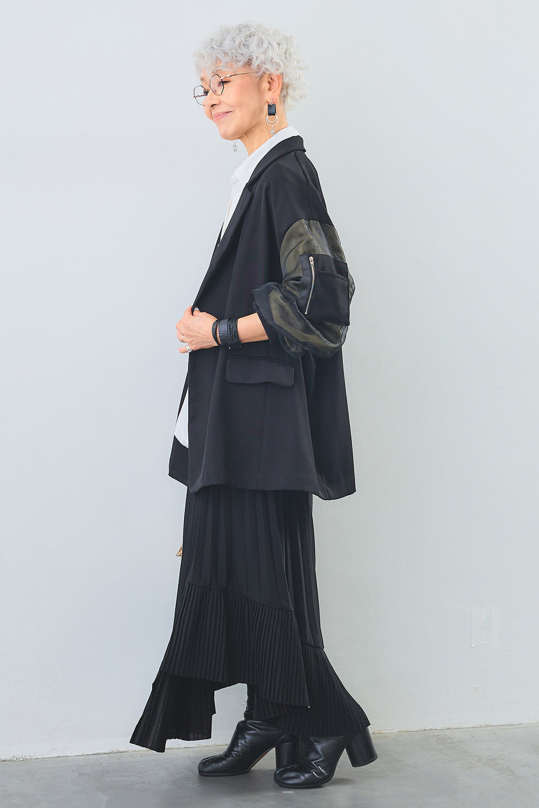 【SET】タックインデザインスキッパーシャツ+チュールレイヤードMA-1ジャケット+アシンメトリーラッフルプリーツスカート(3set)