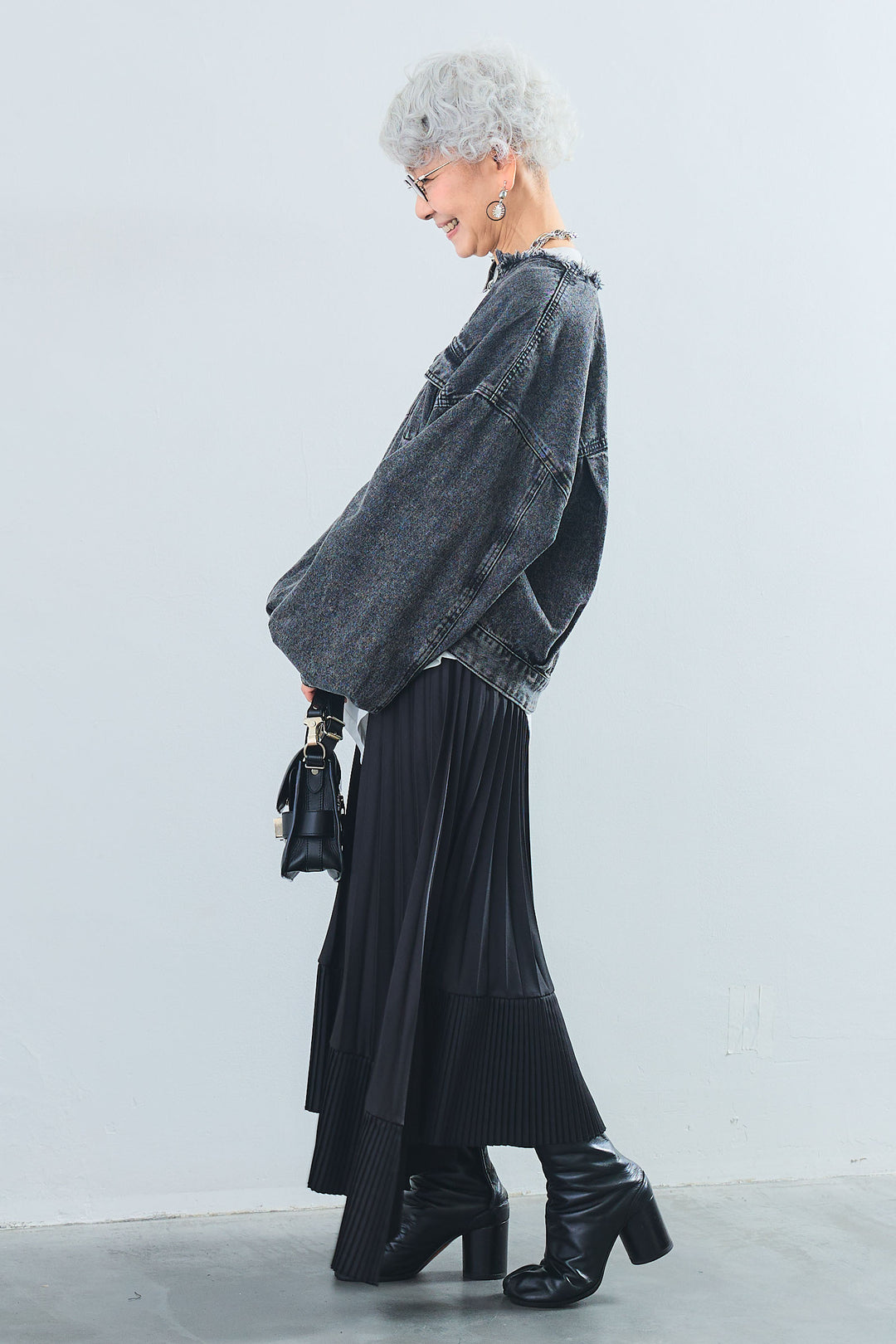 【SET】アシンメトリーロンT+ボリュームスリーブノーカラーデニムジャケット+アシンメトリープリーツスカート(3set)