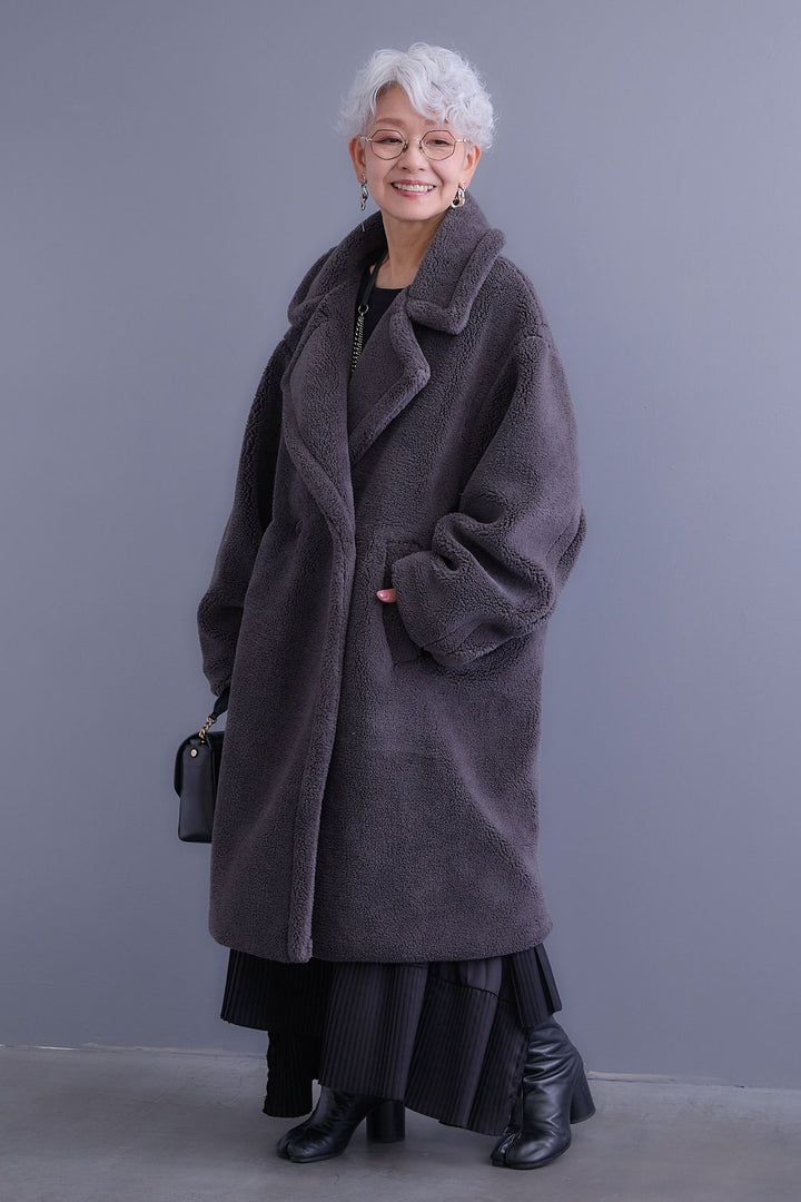 【SET】アシンメトリーロンT+テディボアロングコート+アシンメトリープリーツスカート(3set)