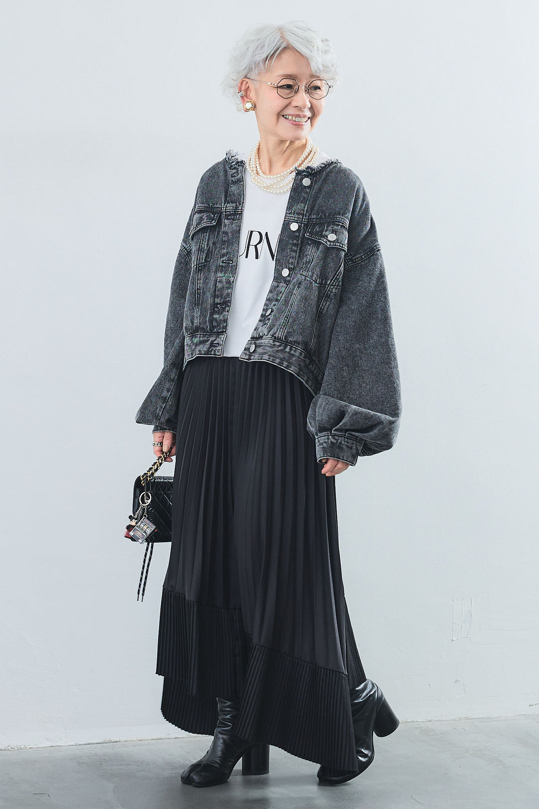【SET】"JOURNÉE"フロッキーロゴフレンチスリーブT+ボリュームスリーブノーカラーデニムジャケット+アシンメトリープリーツスカート(3set)