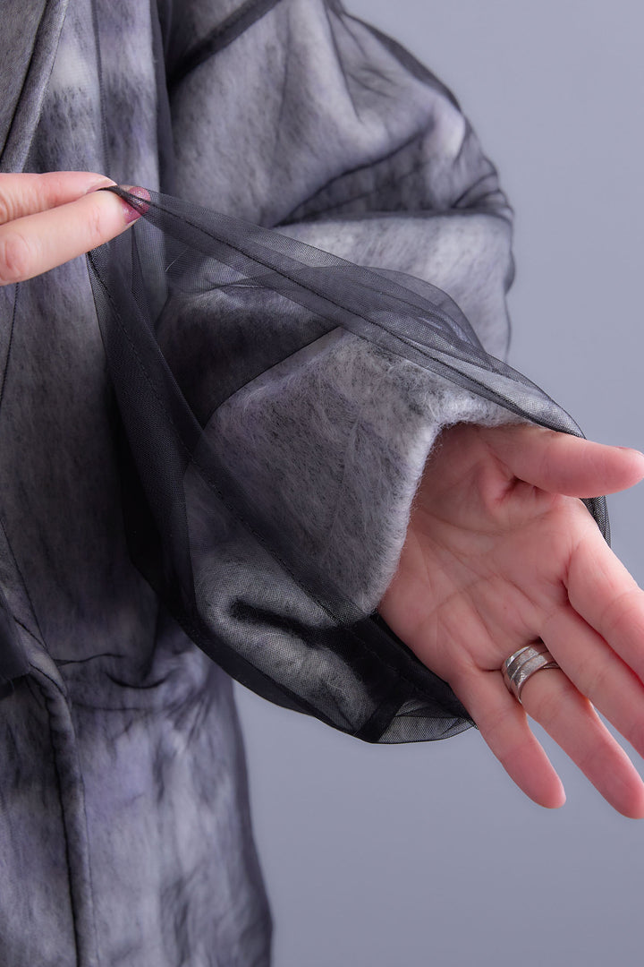 【SET】アシンメトリーオーバーニット+チュールレイヤードシャギーチェックコート+アシンメトリープリーツスカート(3set)