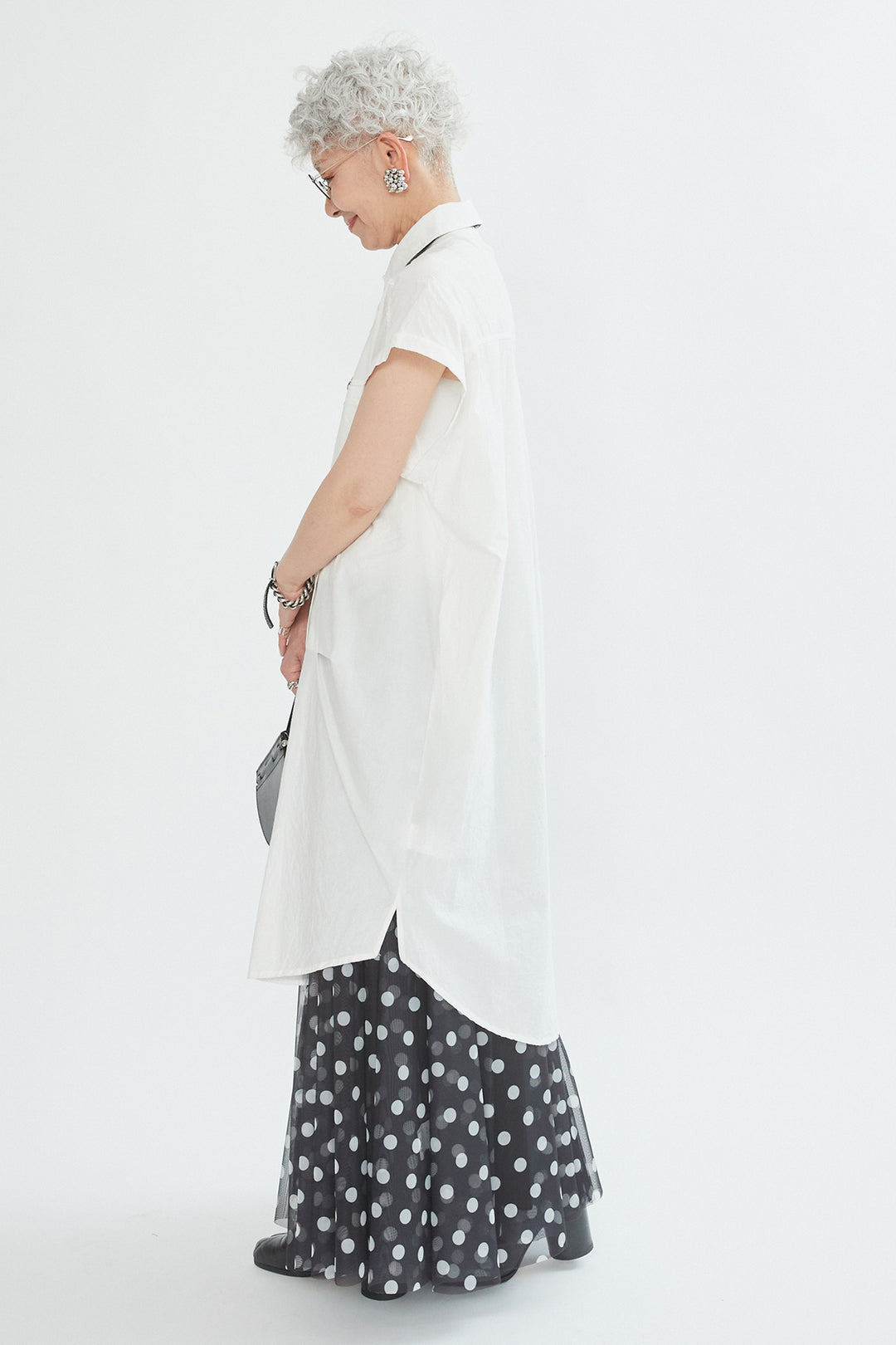 【SET】タックアシンメトリーロングシャツ+ドットチュールフレアスカート(2set)