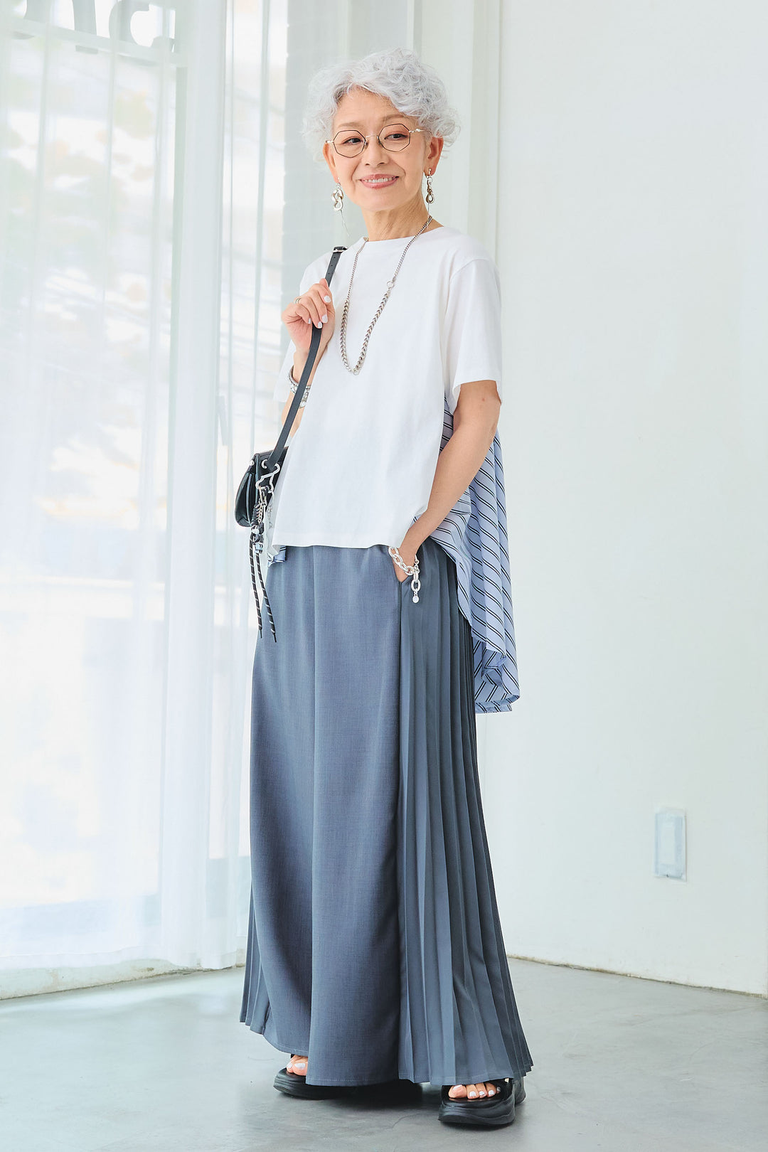 【SET】ストライプドッキングバックロングT+サイドプリーツワイドパンツ(2set)