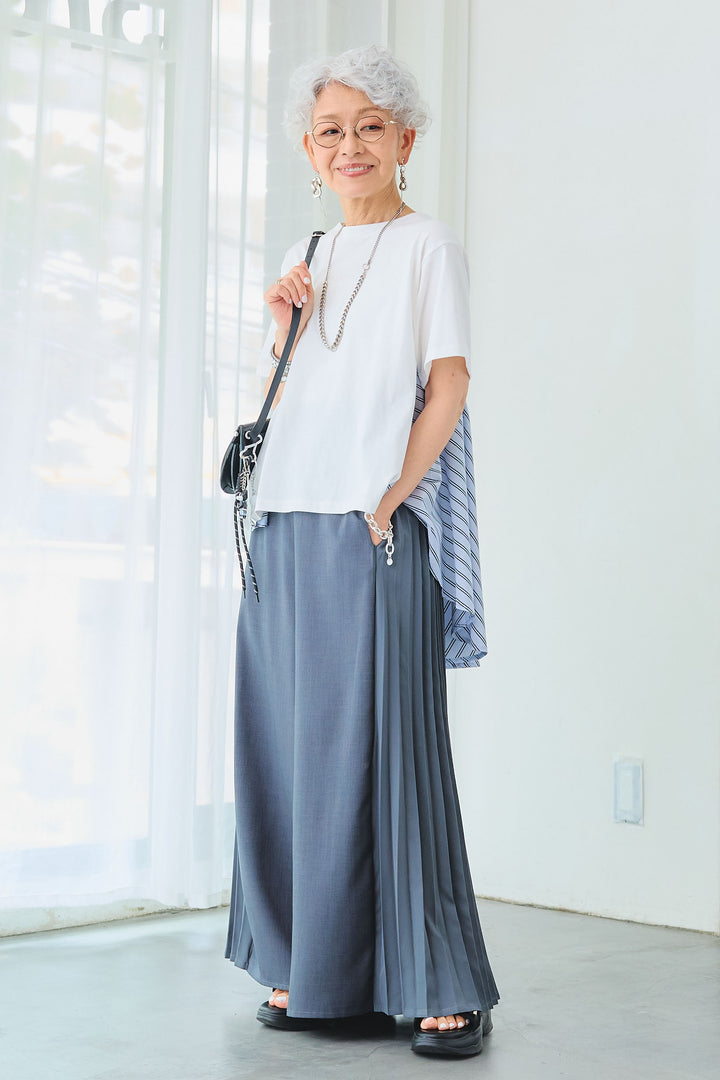 【SET】ストライプドッキングバックロングT+サイドプリーツワイドパンツ(2set)