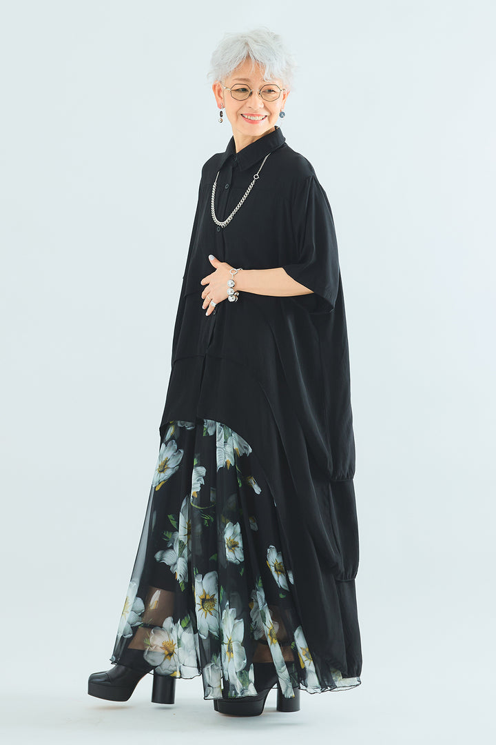 【SET】ティアードバックロングシャツ+ウォーターカラーシアーフラワースカート(2set)