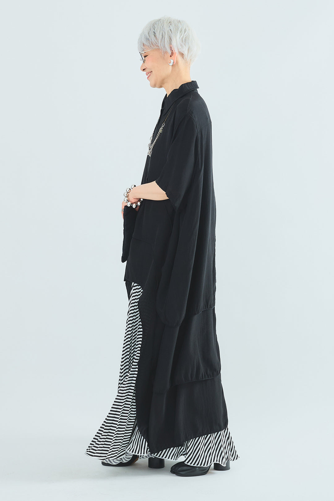 【SET】ティアードバックロングシャツ+サマーストライプロングスカート(2set)