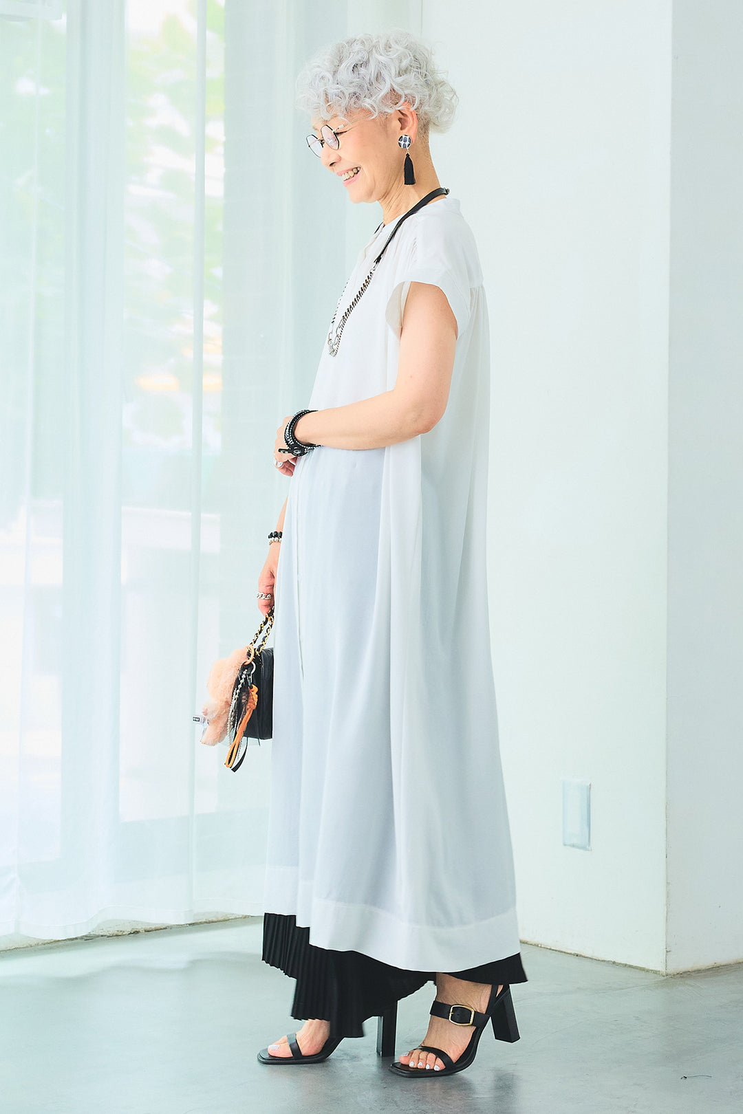 【SET】フレアフレンチスリーブギャザーシャツワンピース+アシンメトリーラッフルプリーツスカート(2set)
