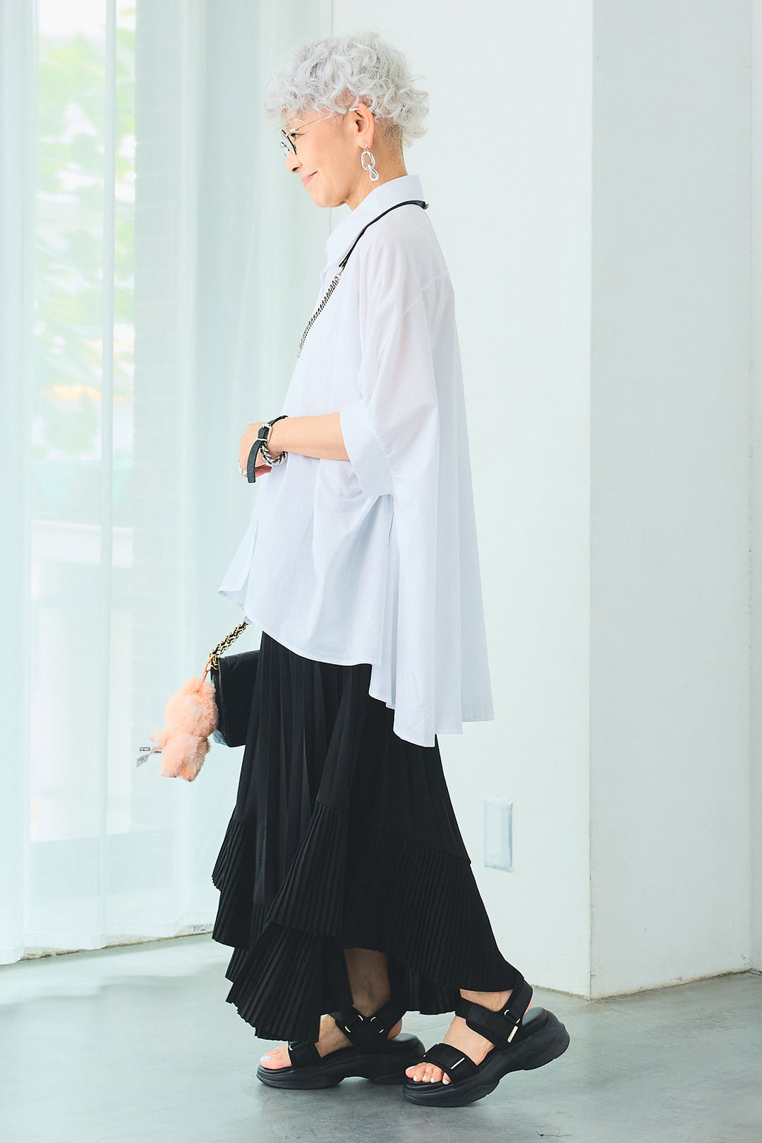 【SET】ドロップスリーブバックロングオーバーシャツ+アシンメトリーラッフルプリーツスカート(2set)