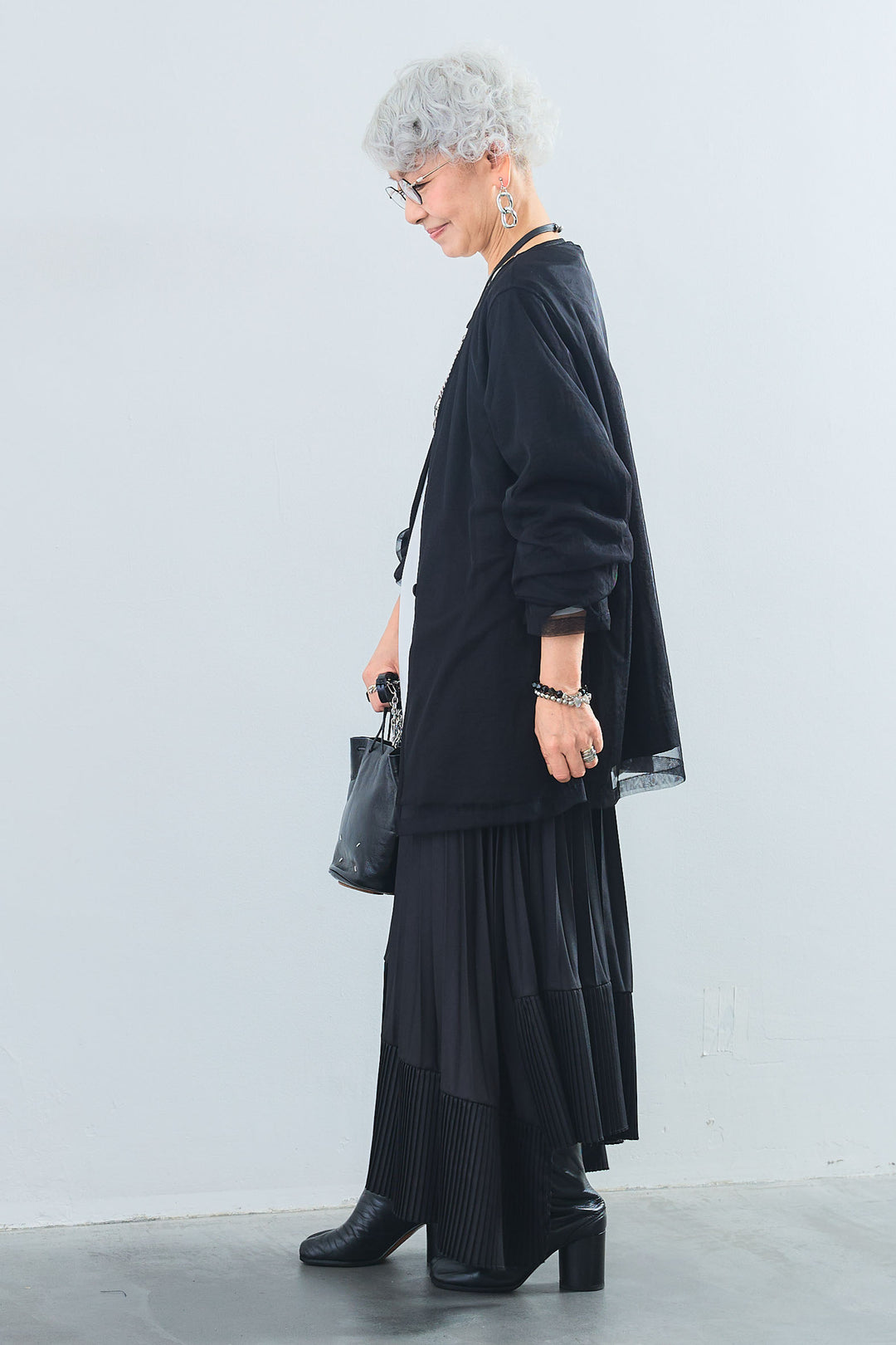 【SET】アシンメトリーロンT+チュールレイヤードノーカラージャケット+アシンメトリープリーツスカート(3set)