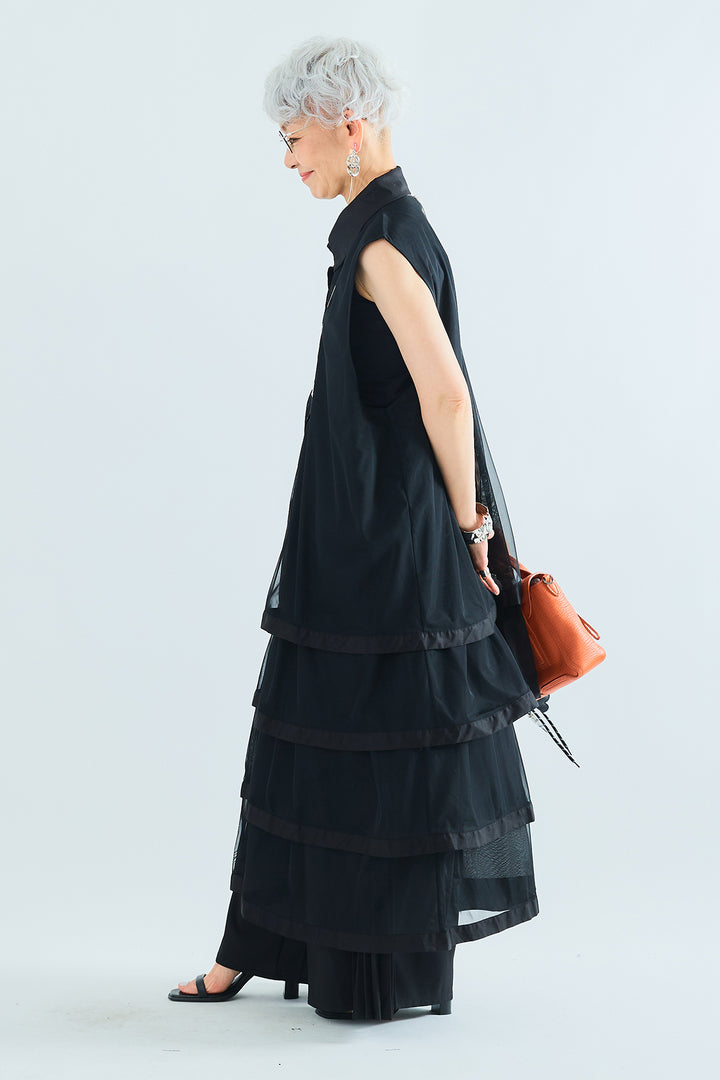 【SET】チュールティアードノースリロングシャツ+サイドプリーツワイドパンツ(2set)