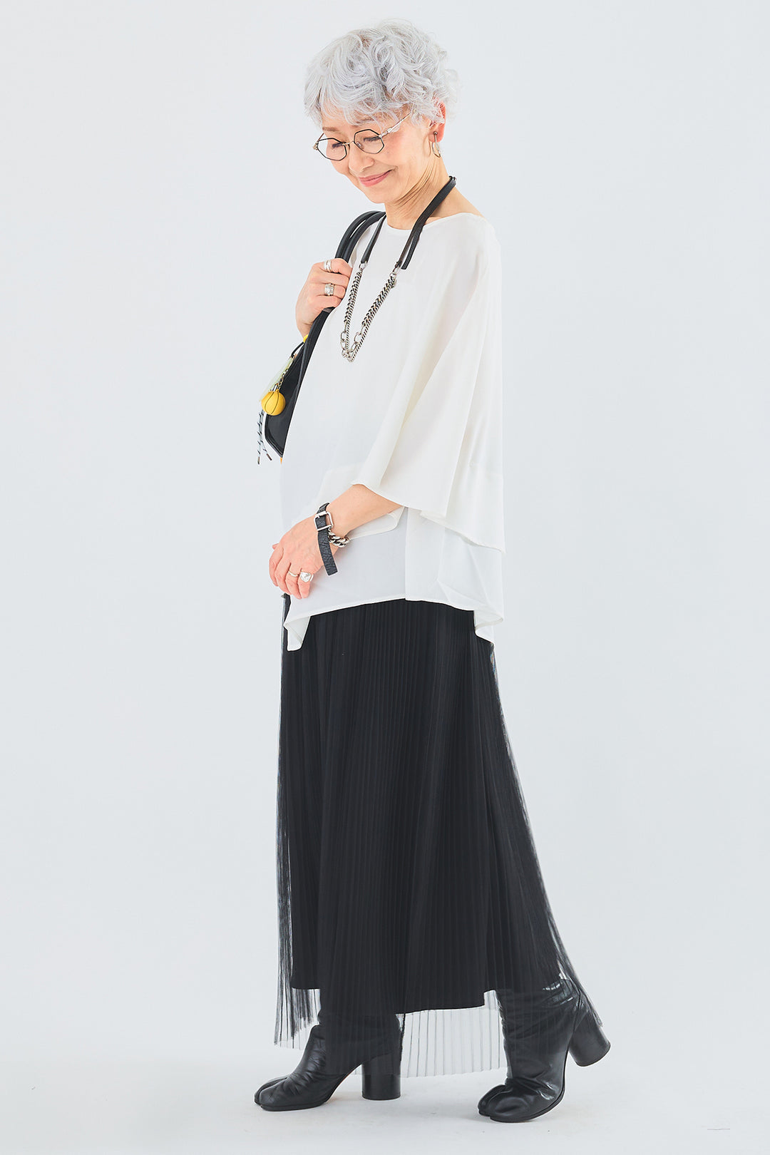 【SET】ジョーゼットシフォンケープアシンメトリーブラウス+シアーチュールプリーツスカート(2set)