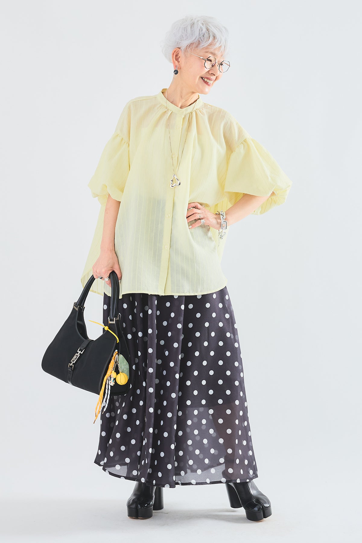 SET】バルーンスリーブラウンドカットブラウス+ドットフレア