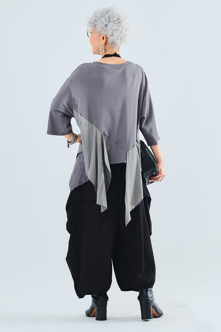 【SET】異素材MIXドレープアシンメトリーT+ワイドコクーンシルエットサルエルパンツ(2set)