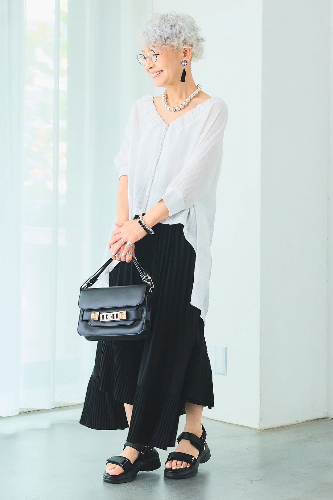 【SET】ギャザーネックロングテールZIPブラウス+アシンメトリーラッフルプリーツスカート(2set)