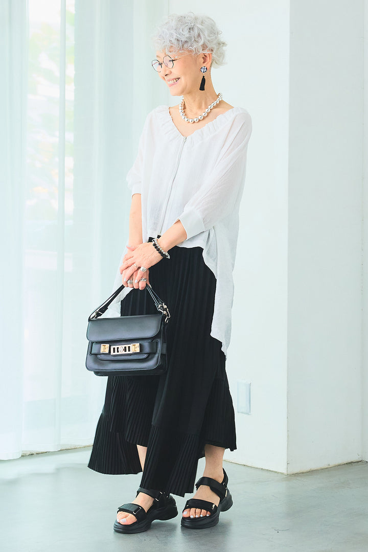 【SET】ギャザーネックロングテールZIPブラウス+アシンメトリーラッフルプリーツスカート(2set)