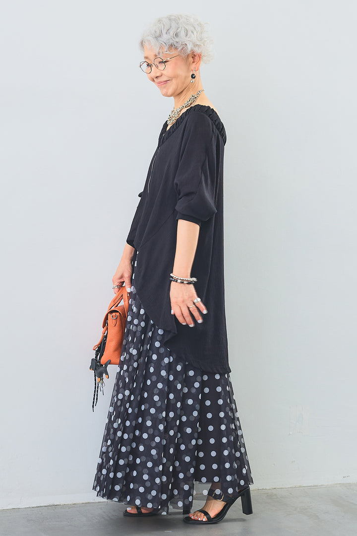 【SET】ギャザーネックロングテールZIPブラウス+ドットチュールフレアスカート(2set)