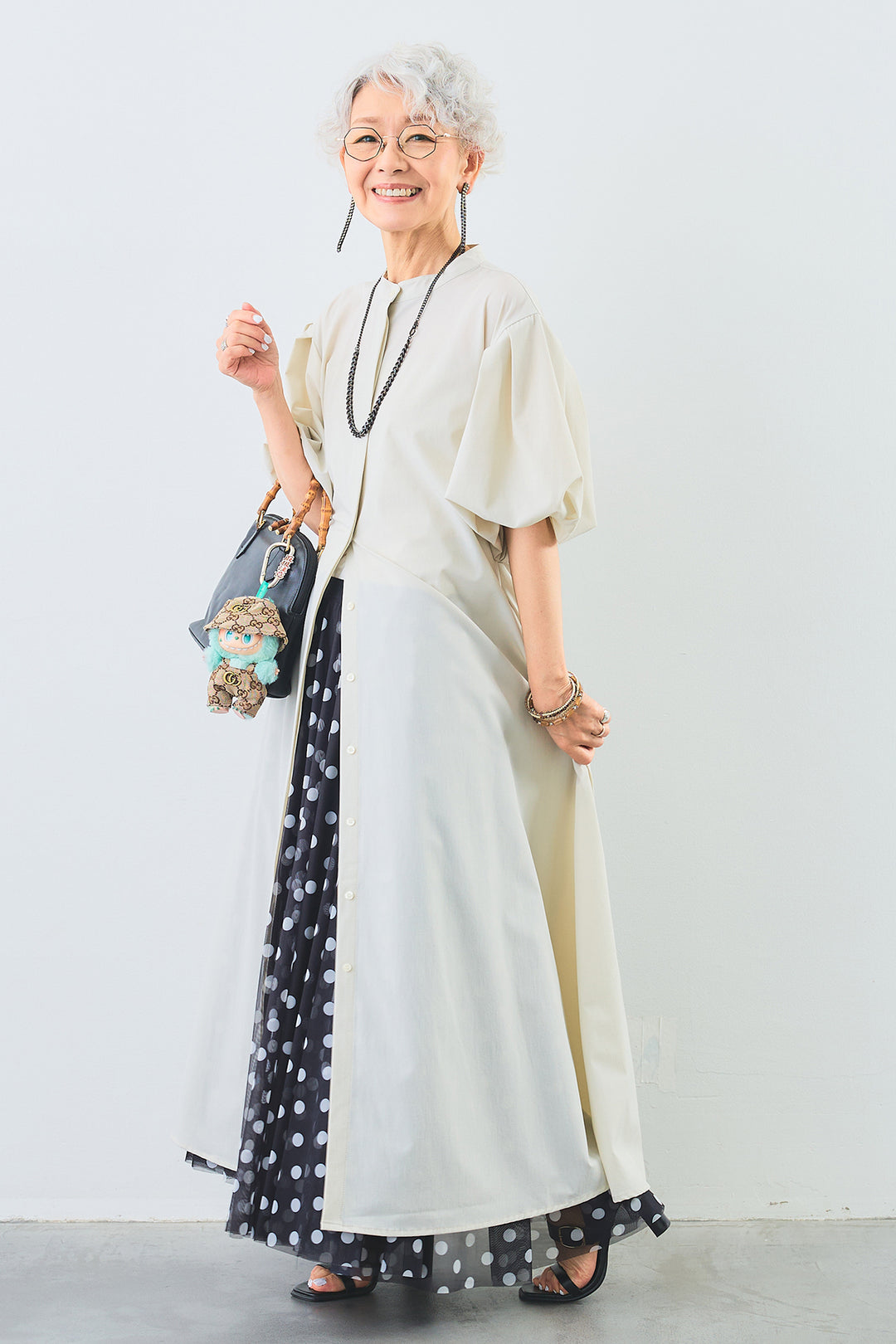 【SET】［接触冷感］バルーンスリーブシャツワンピース+ドットチュールフレアスカート(2set)