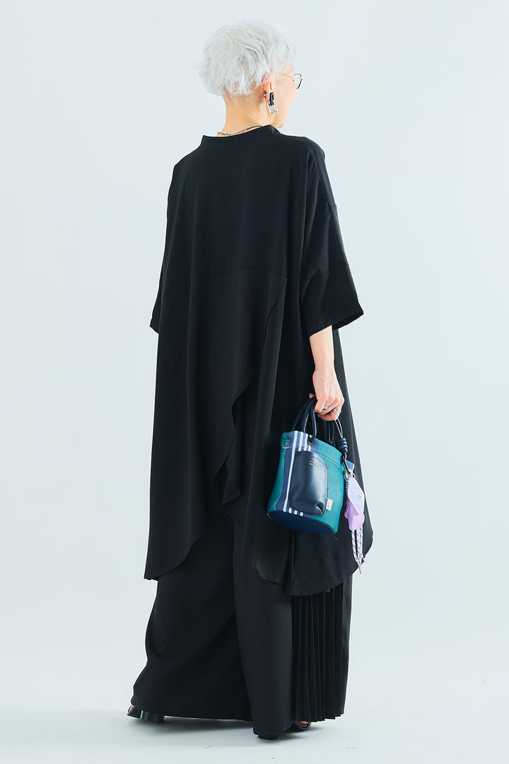 【SET】スキッパーアシンメトリーロングシャツ+サイドプリーツワイドパンツ(2set)