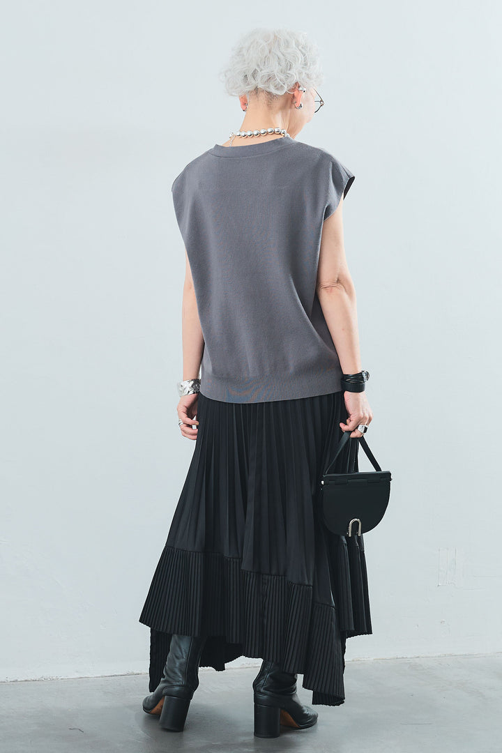 【SET】ベーシックリブタンク+Vネックコットンニットベスト+アシンメトリープリーツスカート(3set)