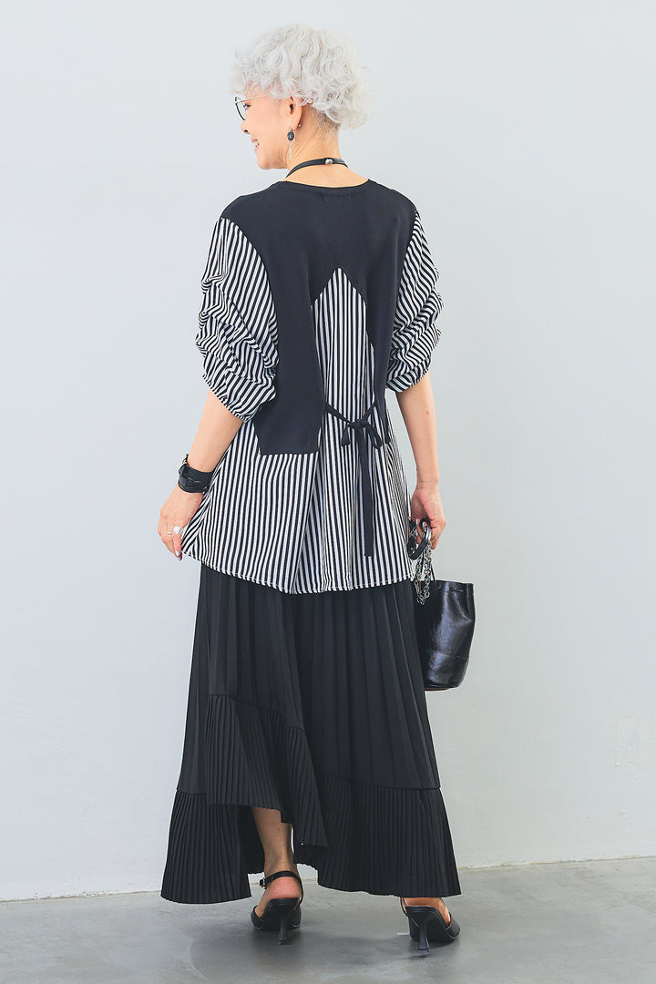 【SET】タックスリーブベストドッキングトップス+アシンメトリーラッフルプリーツスカート(2set)