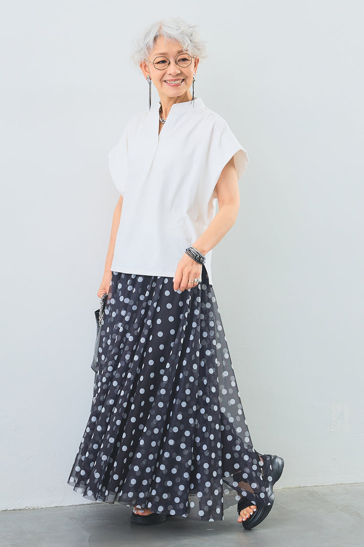 【SET】キーネックボックスシルエットT+ドットチュールフレアスカート(2set)
