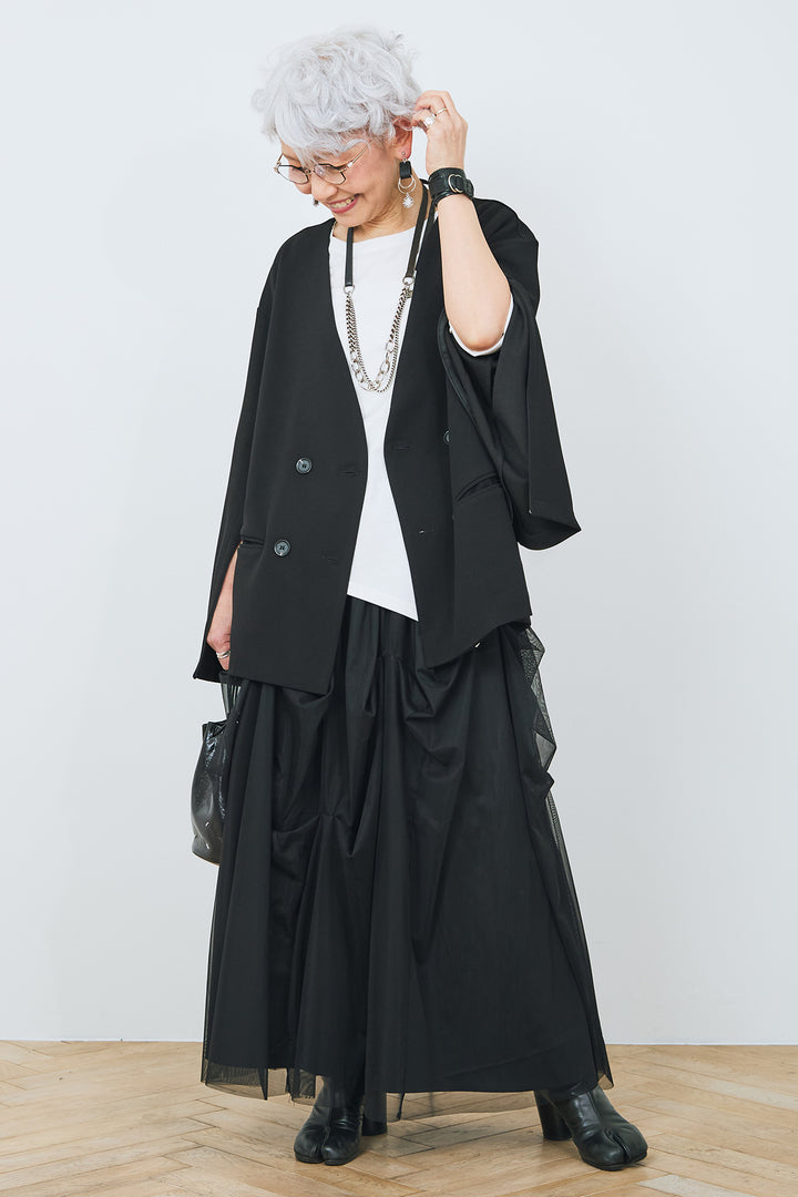 【SET】アシンメトリーロンT+袖2wayスリットノーカラージャケット+チュールタックギャザースカート(3set)