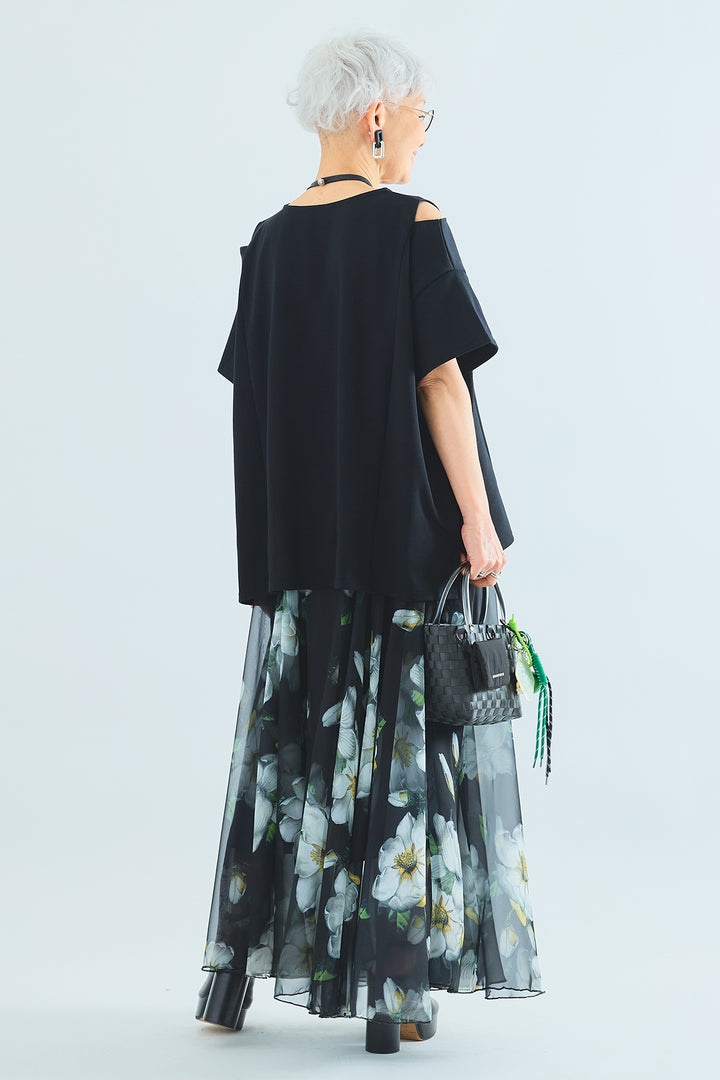 【SET】カッティングショルダーオーバートップス+ウォーターカラーシアーフラワースカート(2set)
