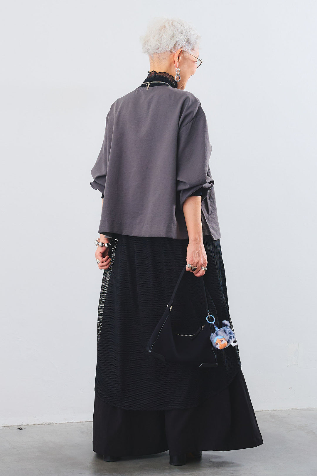 【SET】ラメシアーハイネックロンT+メッシュシャツレイヤードロングブルゾン+ワイドロングボリュームパンツ(3set)