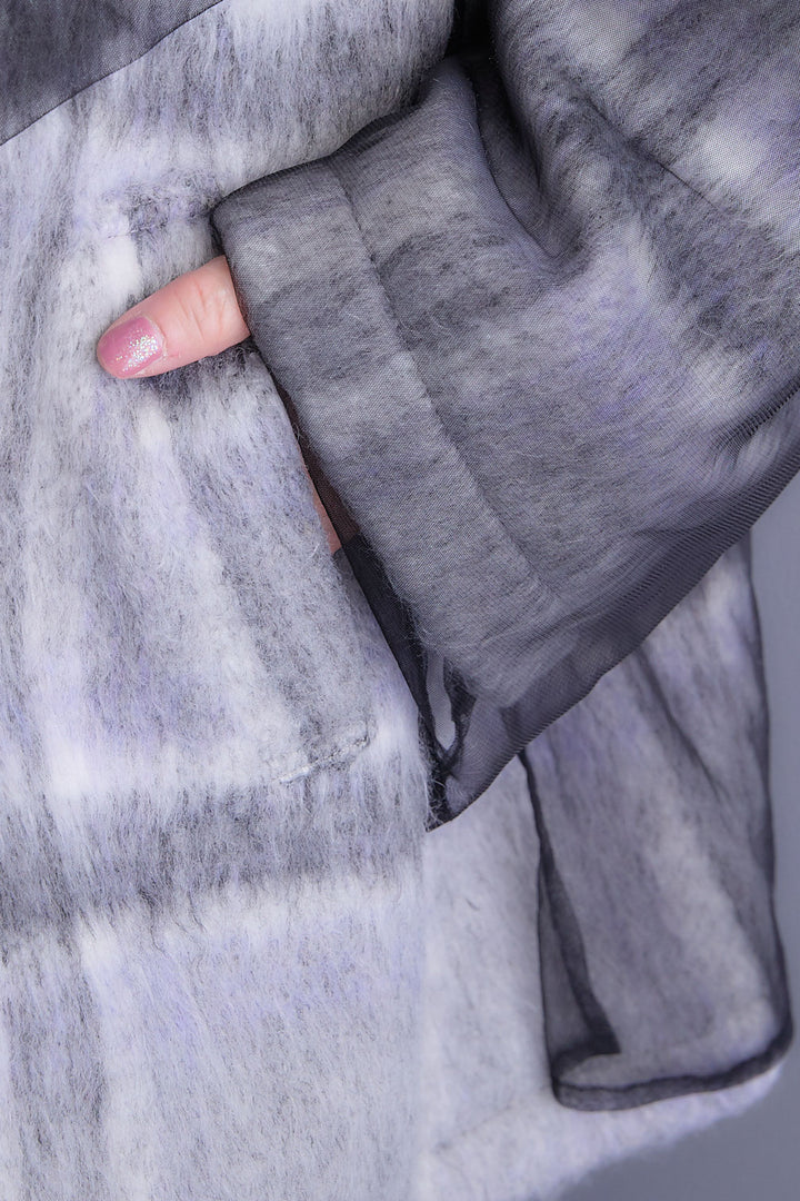 【SET】アシンメトリーオーバーニット+チュールレイヤードシャギーチェックコート+アシンメトリープリーツスカート(3set)