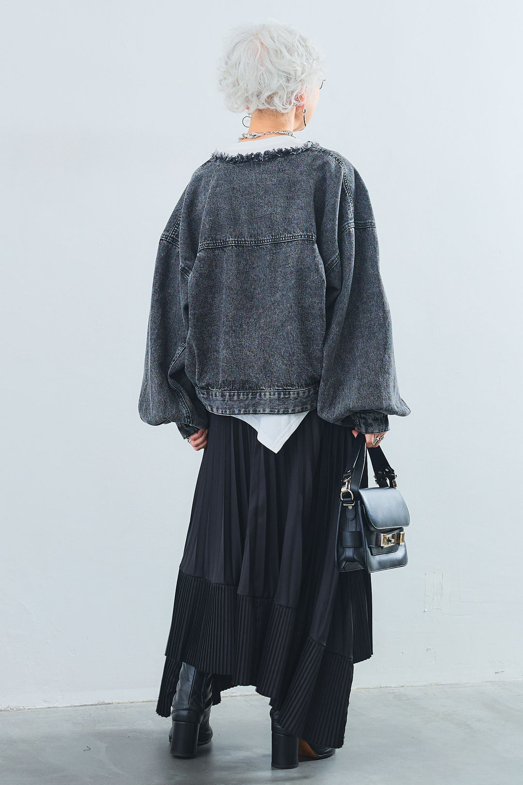 【SET】アシンメトリーロンT+ボリュームスリーブノーカラーデニムジャケット+アシンメトリープリーツスカート(3set)