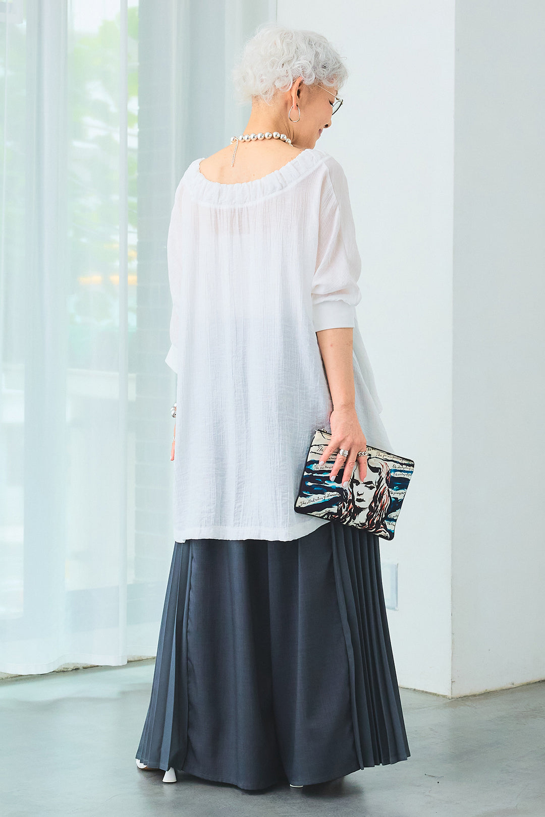 【SET】ギャザーネックロングテールZIPブラウス+サイドプリーツワイドパンツ(2set)