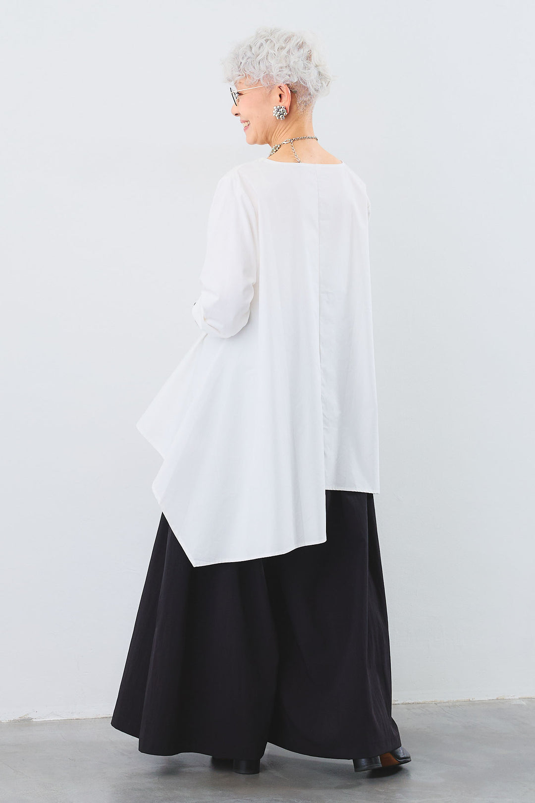 【SET】Vネックカラーアシンメトリーチュニックシャツ+ワイドロングボリュームパンツ(2set)