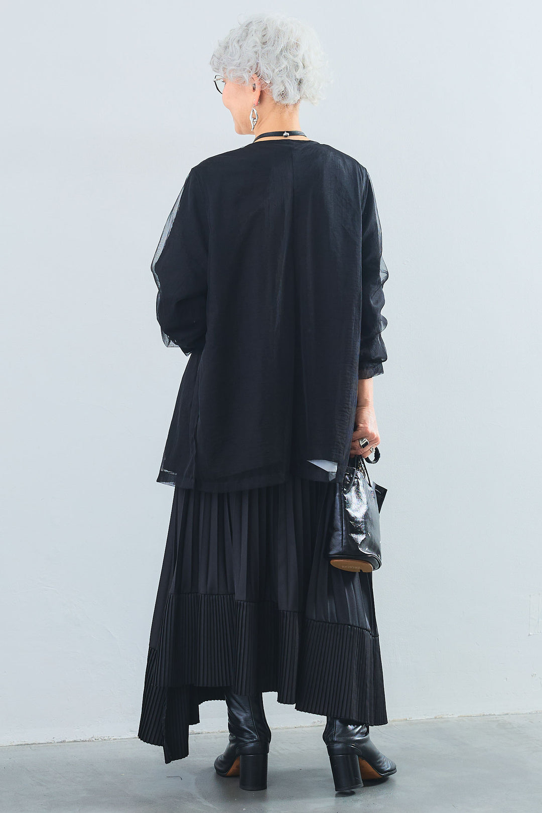 【SET】アシンメトリーロンT+チュールレイヤードノーカラージャケット+アシンメトリープリーツスカート(3set)