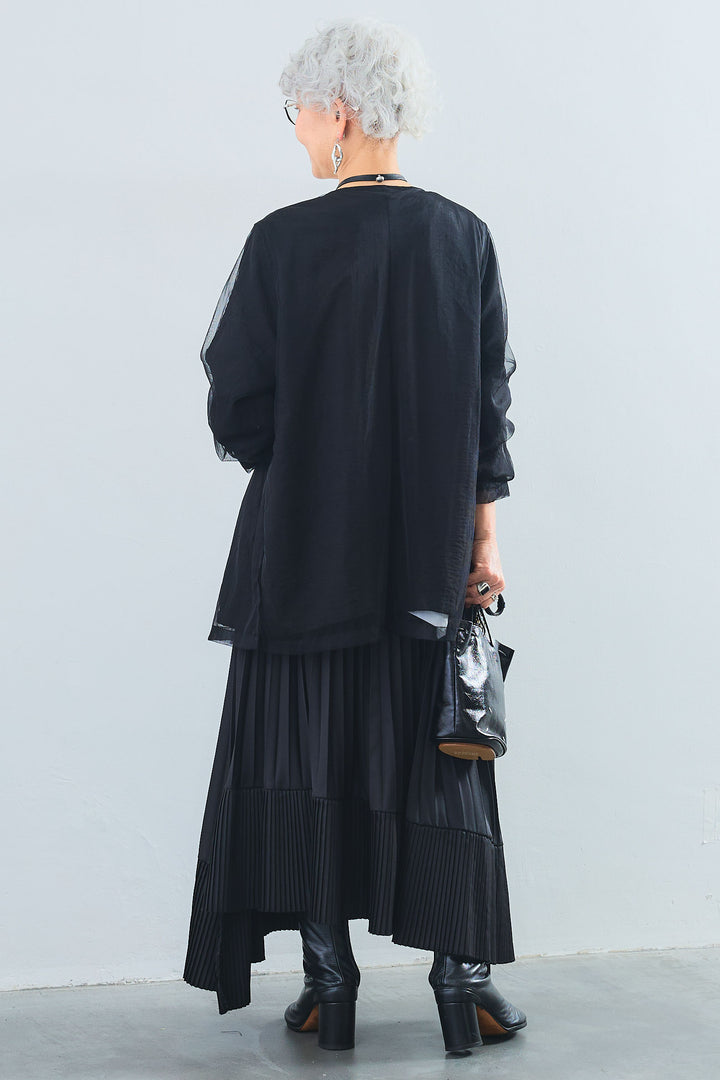 【SET】アシンメトリーロンT+チュールレイヤードノーカラージャケット+アシンメトリープリーツスカート(3set)