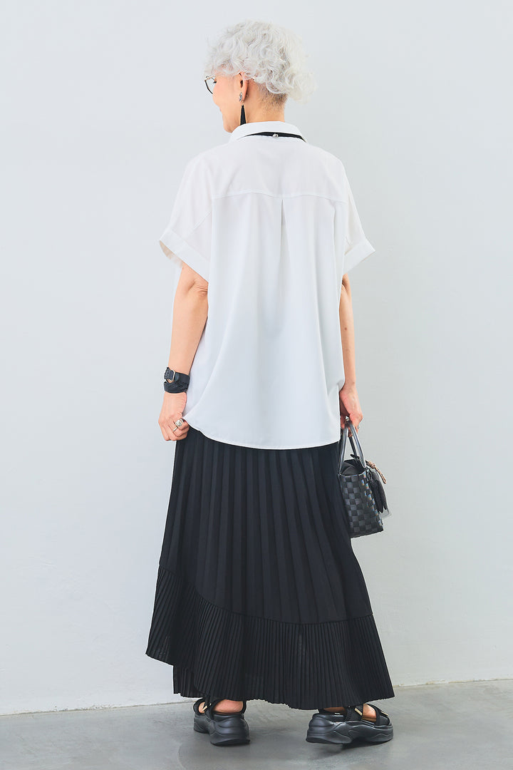 【SET】タックインデザインスキッパーシャツ+アシンメトリーラッフルプリーツスカート(2set)