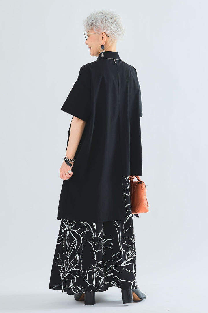 【SET】サイドロングアシンメトリーシャツ+モノトーンリリーフラワースカート(2set)