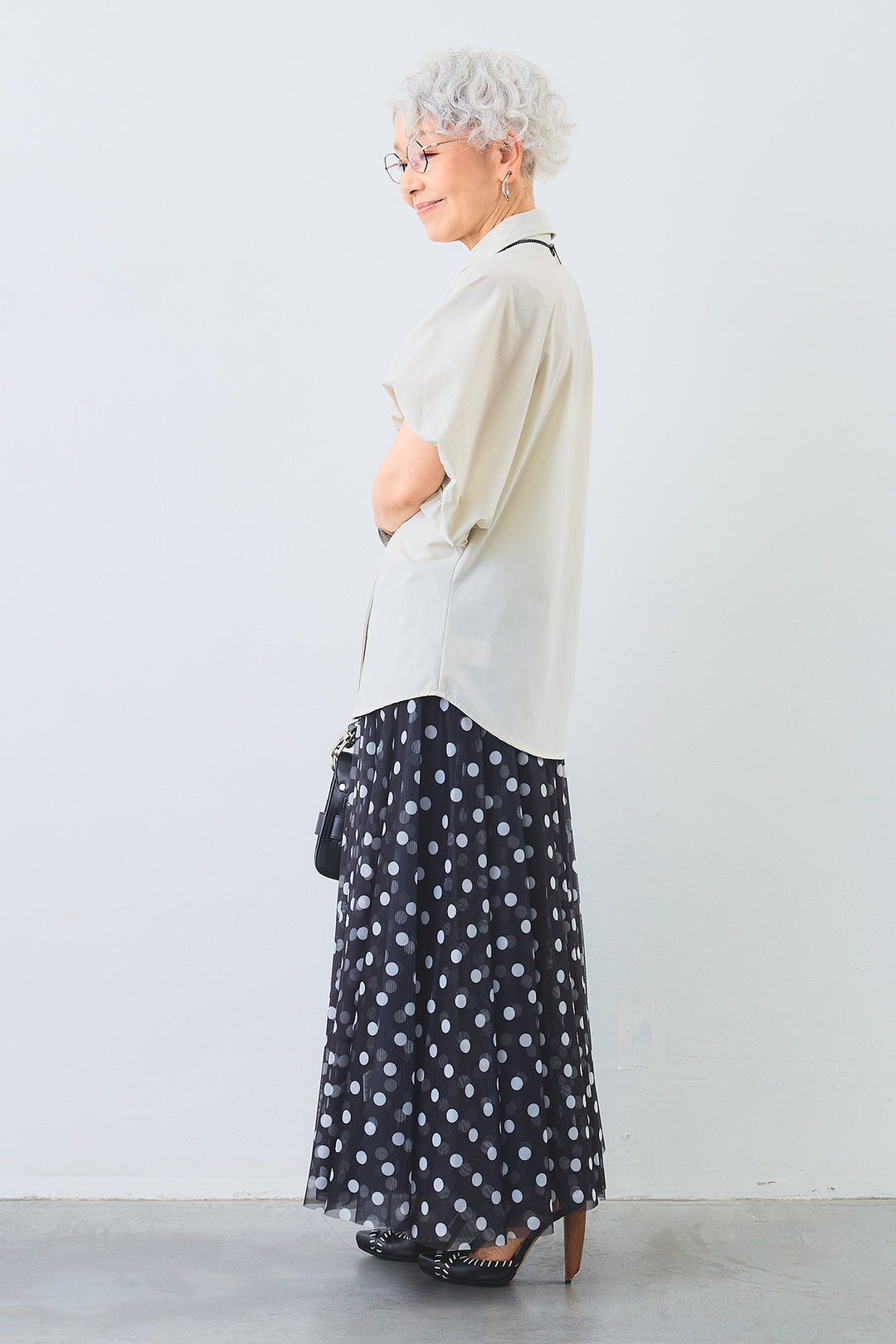 【SET】［接触冷感］ボリュームパフスリーブシャツ+ドットチュールフレアスカート(2set)