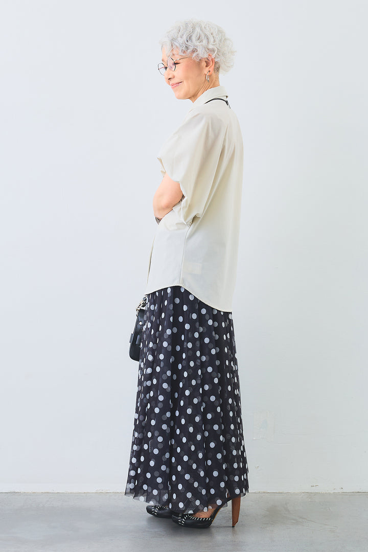 【SET】［接触冷感］ボリュームパフスリーブシャツ+ドットチュールフレアスカート(2set)