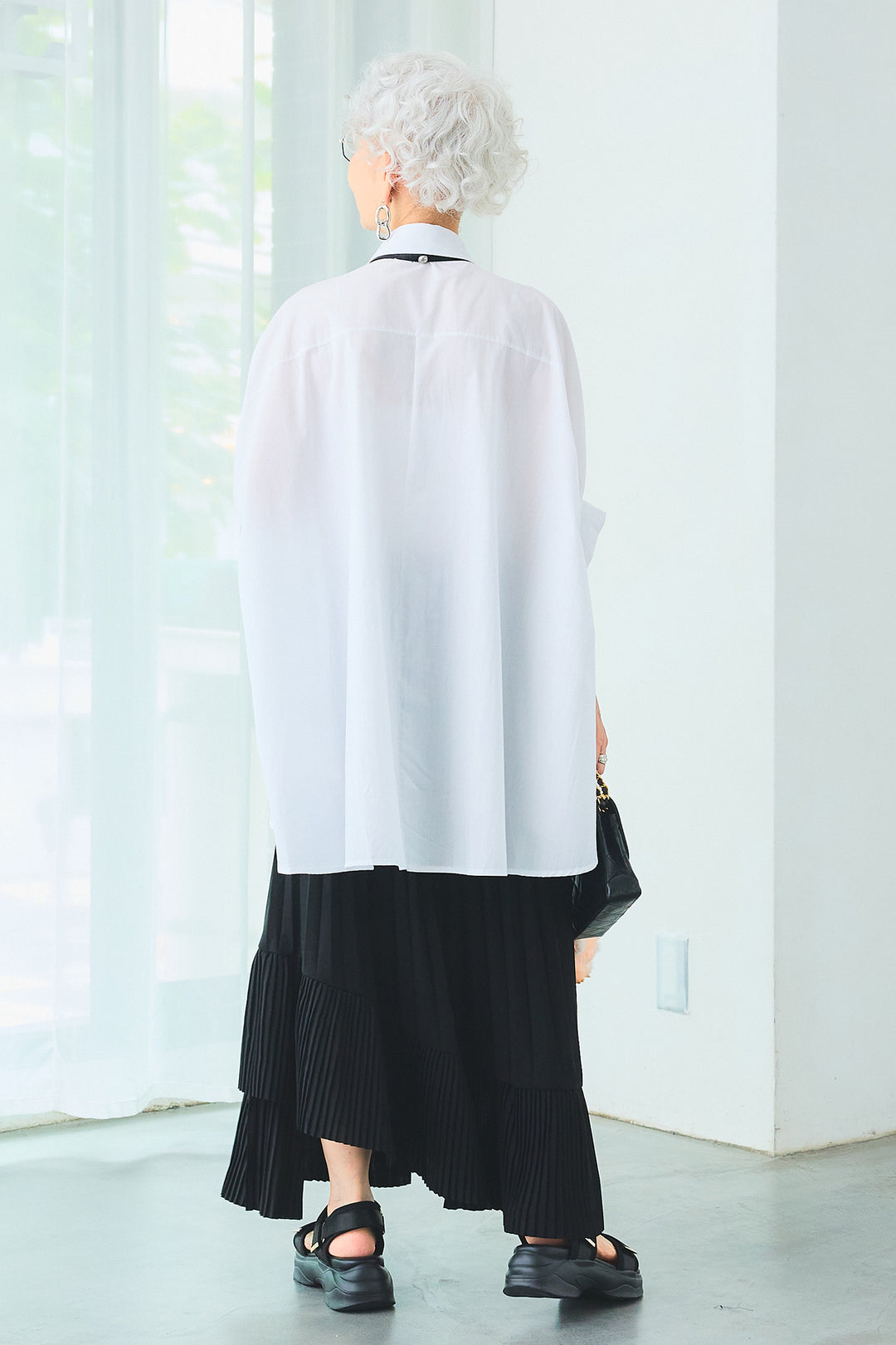 【SET】ドロップスリーブバックロングオーバーシャツ+アシンメトリーラッフルプリーツスカート(2set)