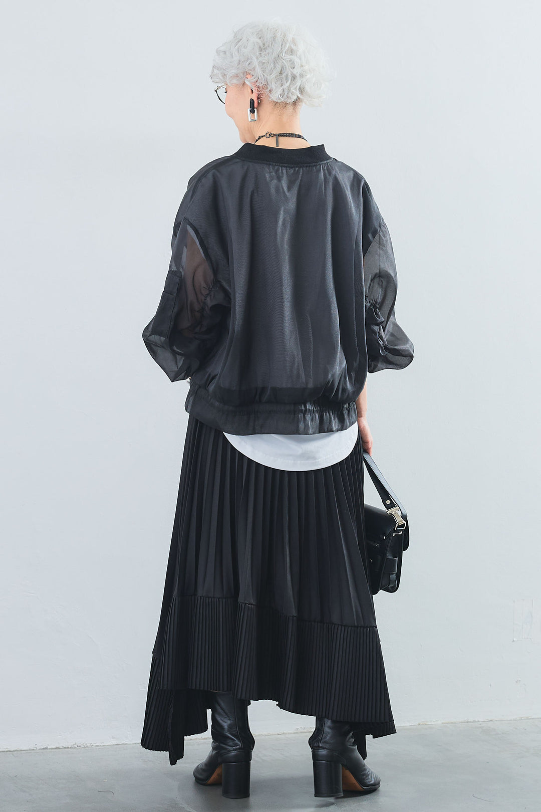 【SET】"JOURNÉE"フロッキーロゴフレンチスリーブT+シアースリーブMA-1ブルゾン+アシンメトリープリーツスカート(3set)