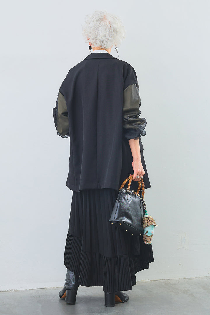 【SET】タックインデザインスキッパーシャツ+チュールレイヤードMA-1ジャケット+アシンメトリーラッフルプリーツスカート(3set)