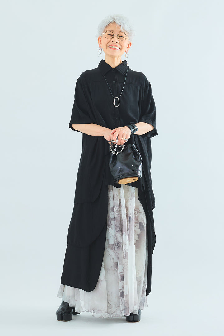 【SET】ティアードバックロングシャツ+ウォーターカラーシアーフラワースカート(2set)