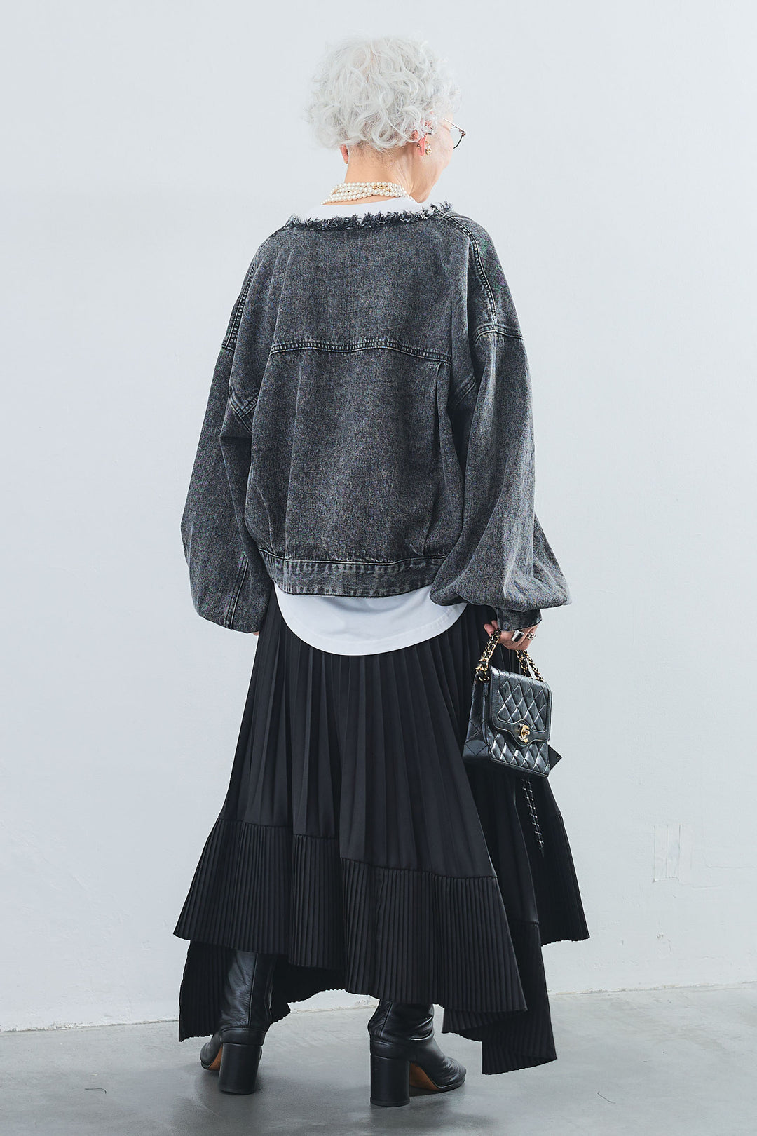 【SET】"JOURNÉE"フロッキーロゴフレンチスリーブT+ボリュームスリーブノーカラーデニムジャケット+アシンメトリープリーツスカート(3set)