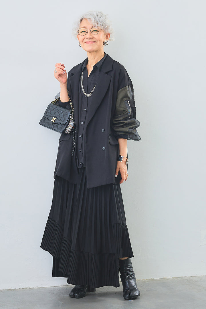 【SET】タックインデザインスキッパーシャツ+チュールレイヤードMA-1ジャケット+アシンメトリーラッフルプリーツスカート(3set)
