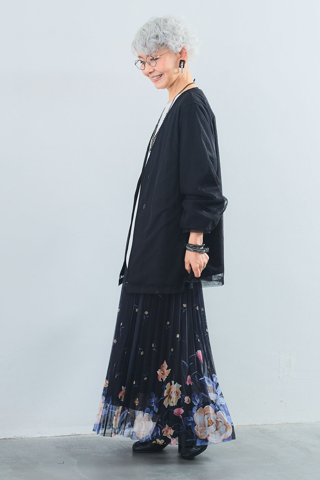 【SET】アシンメトリーロンT+チュールレイヤードノーカラージャケット+シアーフラワープリーツスカート(3set)