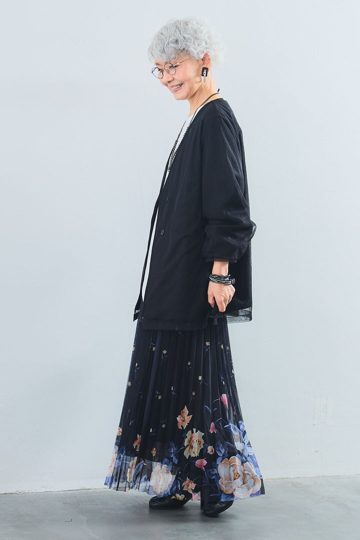 【SET】アシンメトリーロンT+チュールレイヤードノーカラージャケット+シアーフラワープリーツスカート(3set)