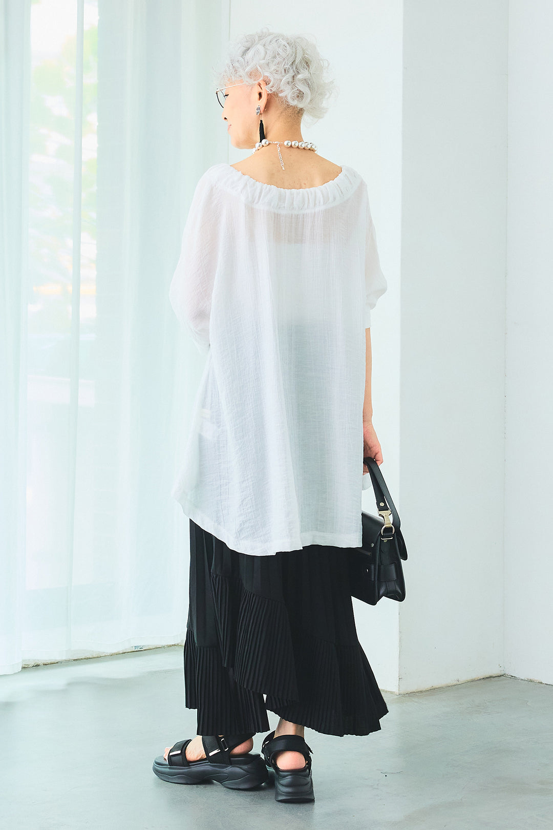 【SET】ギャザーネックロングテールZIPブラウス+アシンメトリーラッフルプリーツスカート(2set)