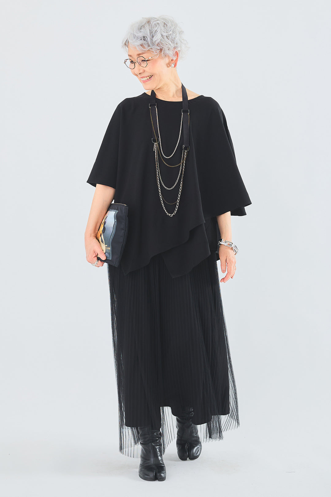 【SET】ジョーゼットシフォンケープアシンメトリーブラウス+シアーチュールプリーツスカート(2set)