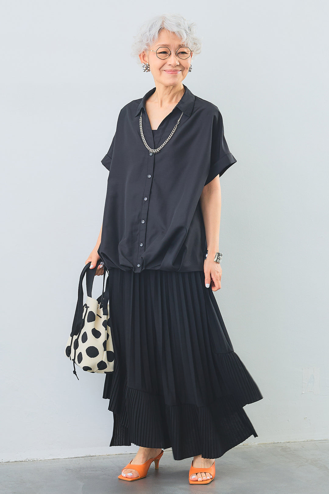 【SET】タックインデザインスキッパーシャツ+アシンメトリーラッフルプリーツスカート(2set)