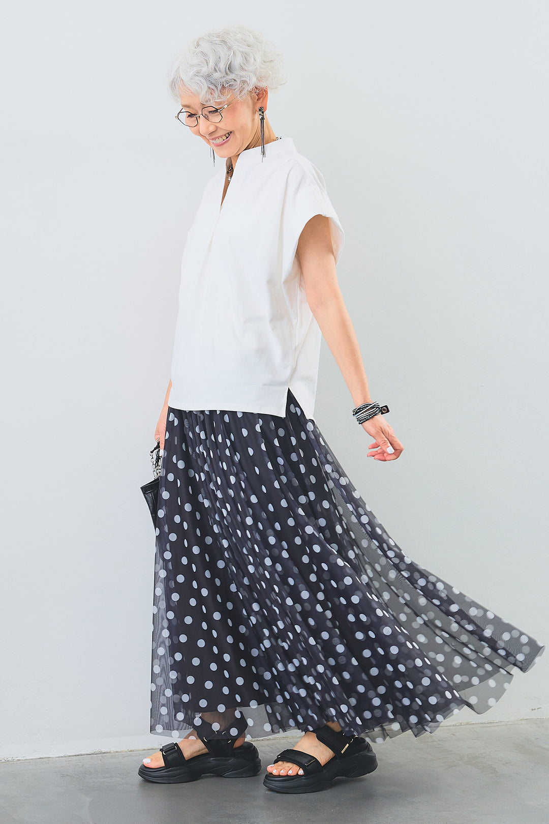 【SET】キーネックボックスシルエットT+ドットチュールフレアスカート(2set)